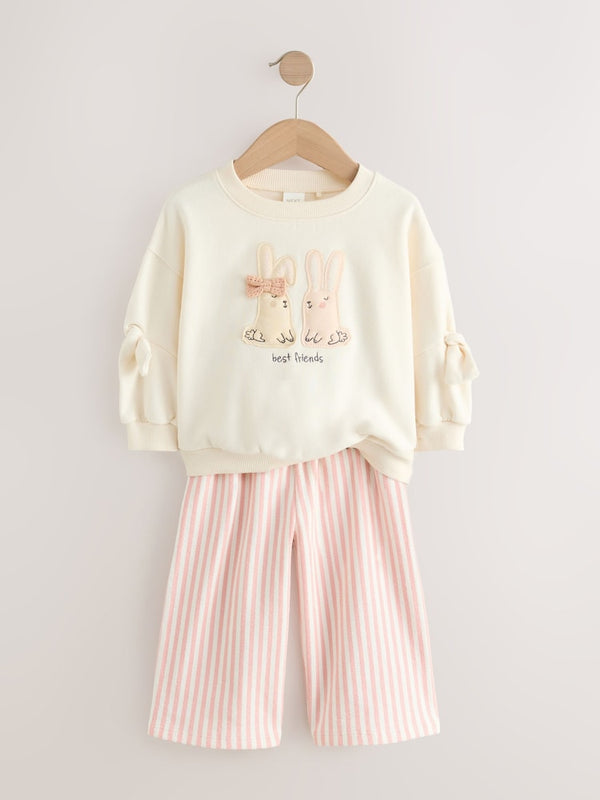 Cream Bunny Sweatshirt and Printed 100% Cotton Wide Leg Joggers Set(immediate)
