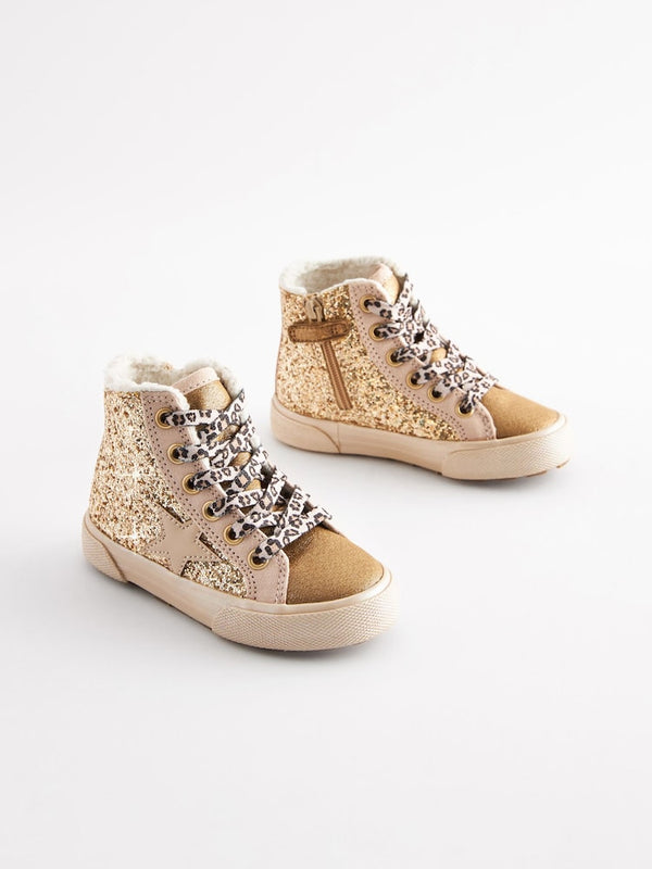 Gold Glitter Fleece Lined Lace-Up High Top Trainers immediate