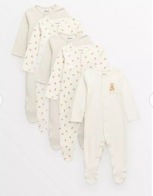 Baby Tu Cream Bear Print Sleepsuits 5 Pack immediate
