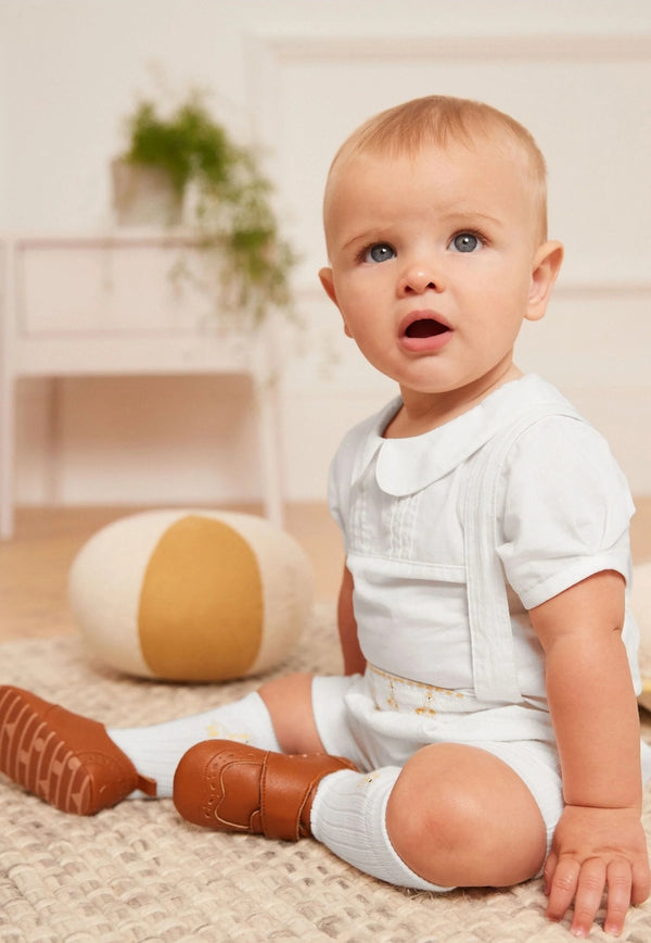 White Three Piece Baby Smart Shirt, Shorts And Socks Set immediate