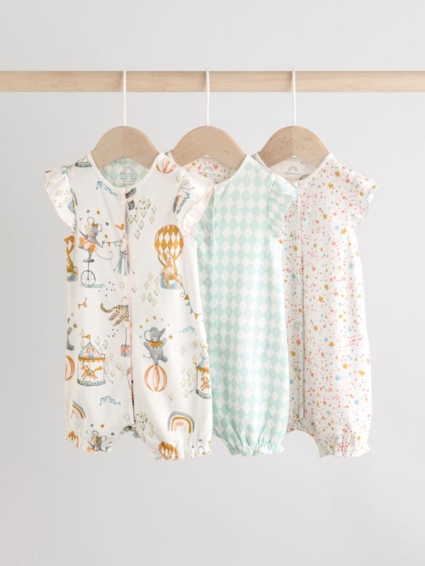Multi Pastel Animal Print Baby 100% Cotton Rompers 3 Pack immediate