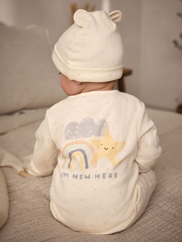 White I'm New Here Baby 100% Cotton Sleepsuit and Hat Set immediate