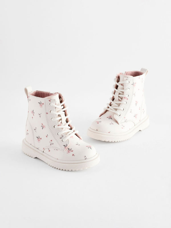 Neutral White Standard Fit (F) Floral Lace Up Ankle Boots(immediate)