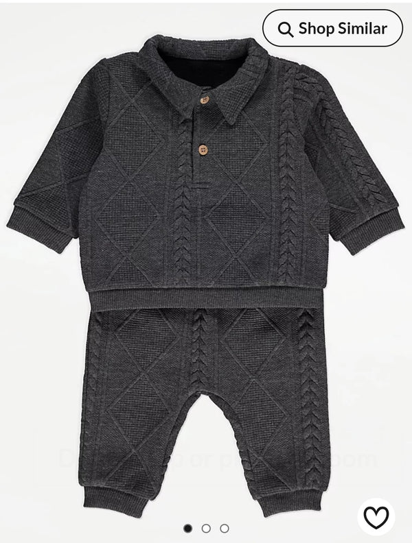 George Charcoal Cable Knitted Collared Jumper and Joggers Set
