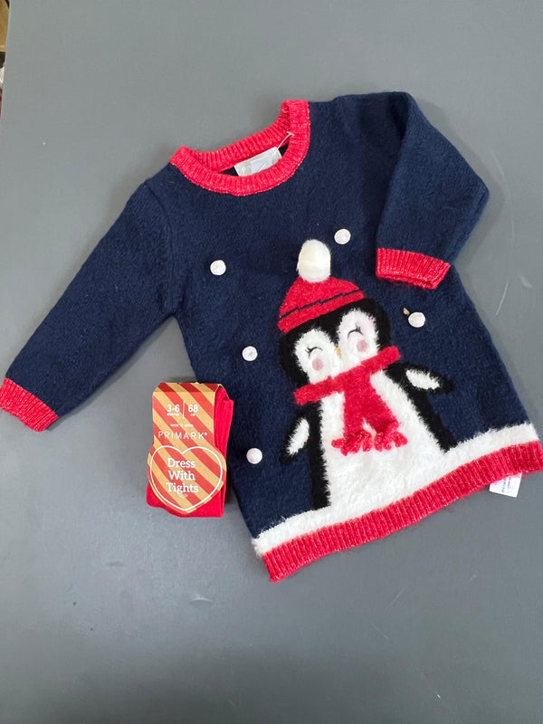 Navy Knitted Christmas Dress and Tights Set immediate