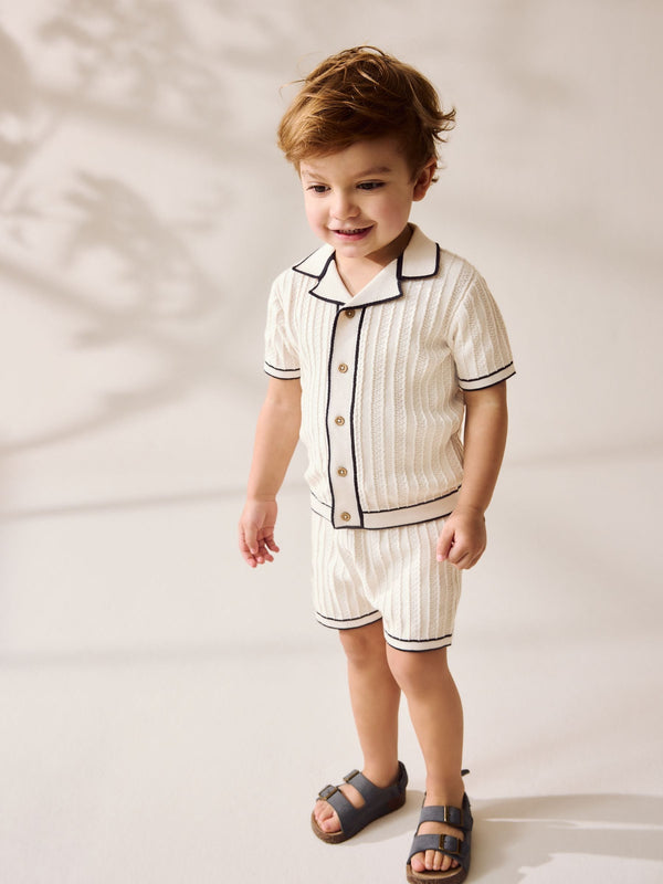Ecru Knitted Button Through Polo Shirt and Shorts Set (immediate)