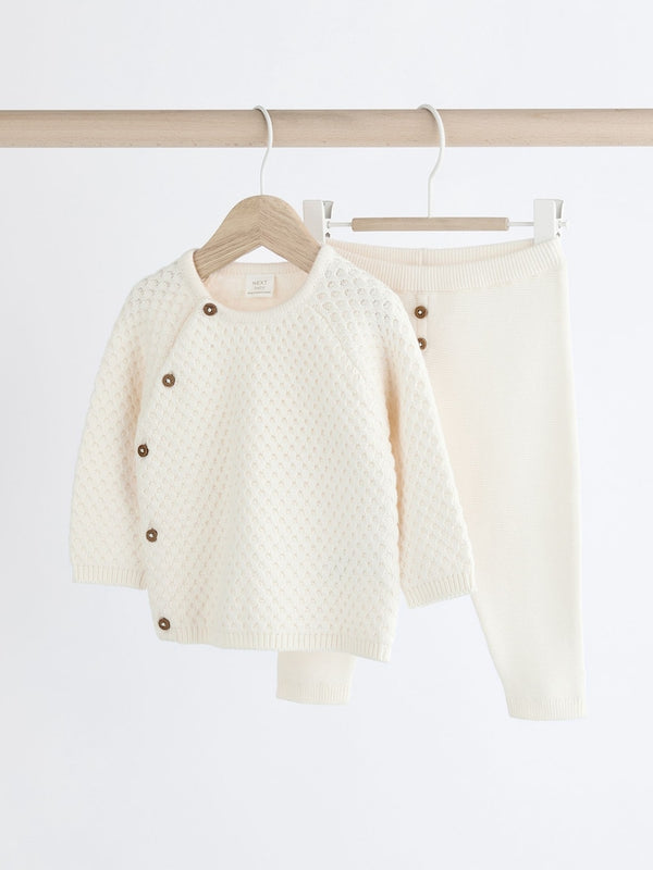 White Knitted Baby 100% Cotton Jumper and Leggings Set immediate