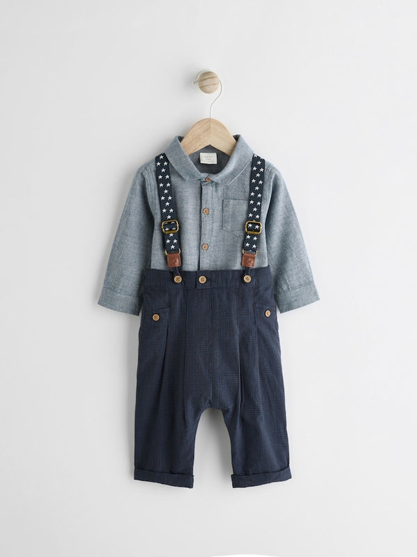 Navy Baby Shirt, Trousers and Braces 3 Piece Set immediate