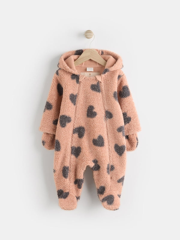 Tan Brown Heart Print Baby Borg Fleece All-In-One Pramsuit (immediate)