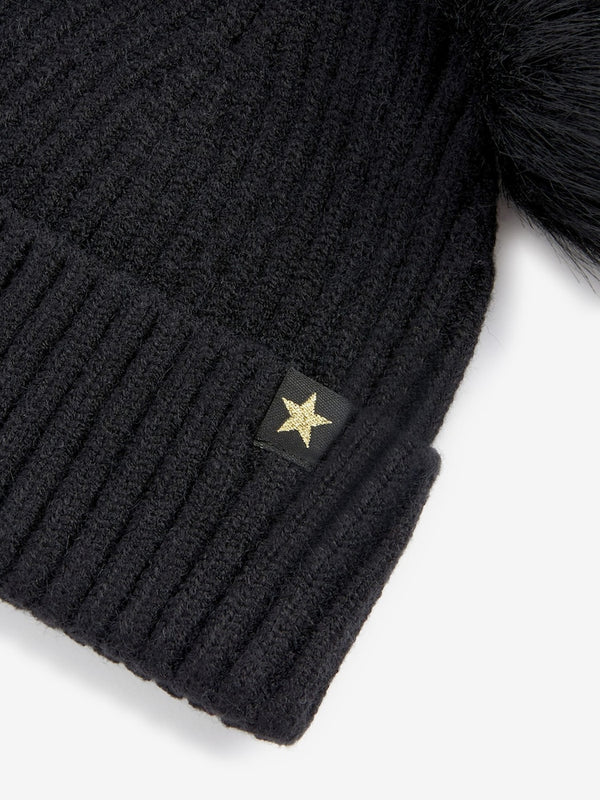 Black Double Pom Pom Rib Beanie Hat immediate