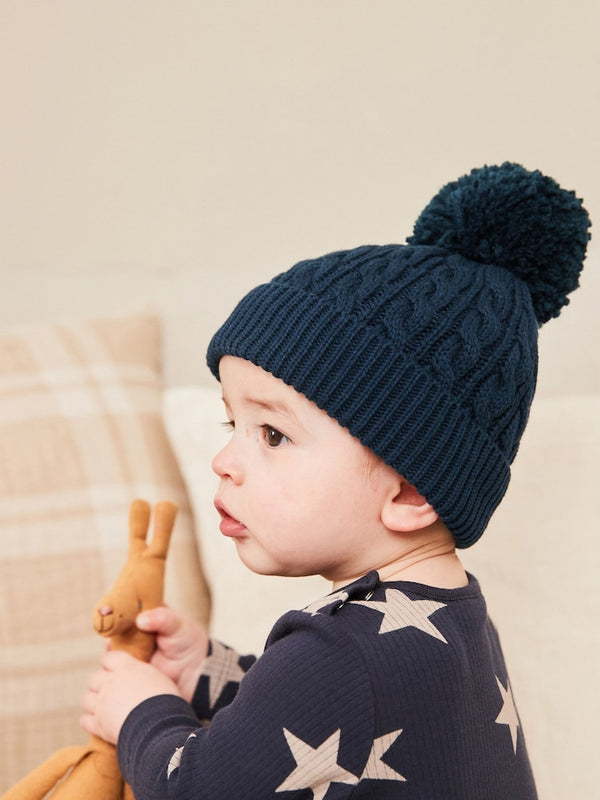 Navy Blue Cable Baby Knitted Pom Hat immediate