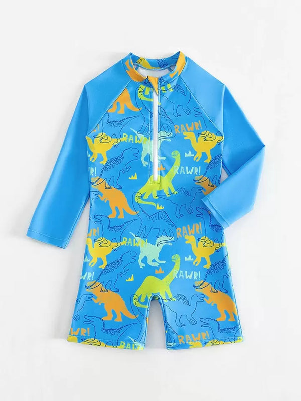 Young Boy Dinosaur Print Zipper Front One Piece Swimsuit immediate
