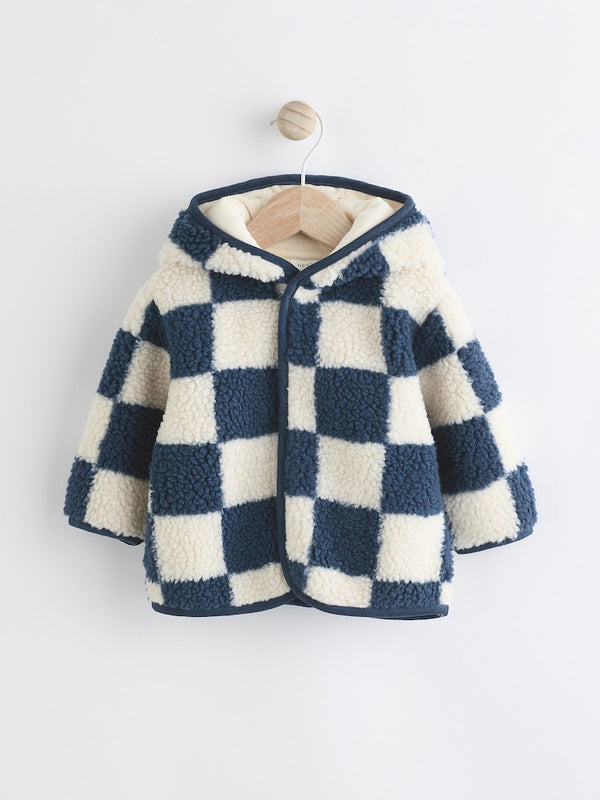 Navy Blue Checkerboard Baby Borg Hooded Fleece Jacket (immediate)