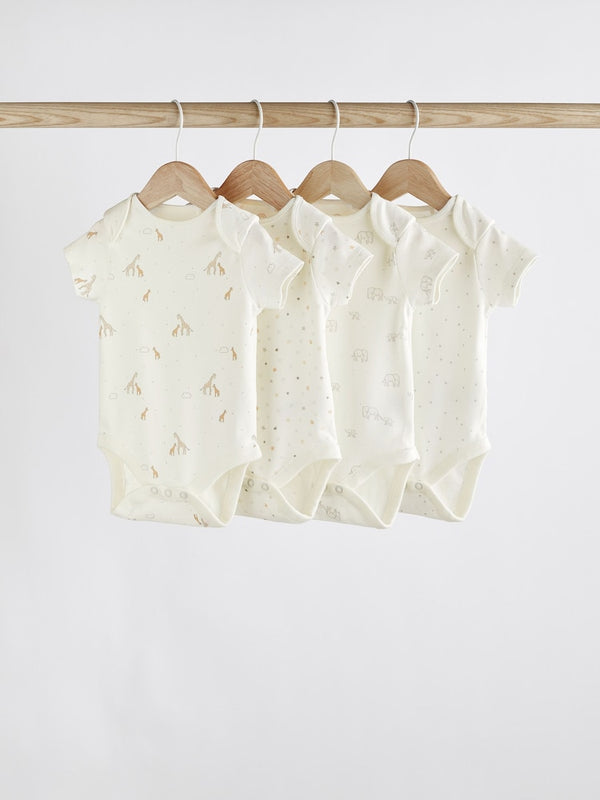 Delicate White Animal 4 Pack Baby Printed Short Sleeve Bodysuits immediate