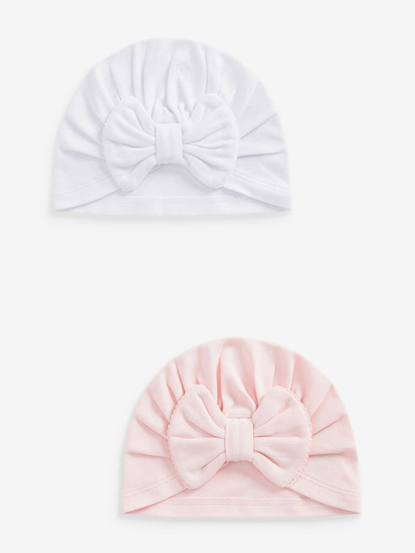 Pink/White Big Bow Baby Bow Turban 100% Cotton Hats 2 Pack (immediate