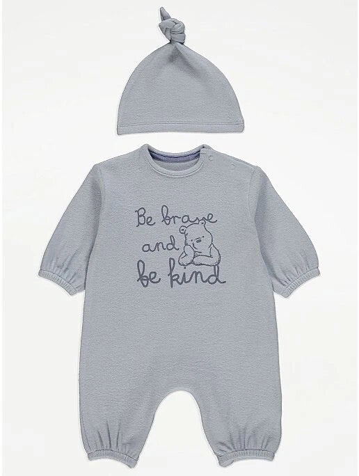 George Blue Disney Winnie The Pooh Slogan Print Romper and Hat immediate