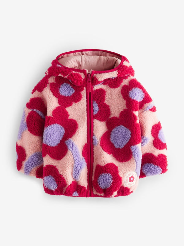 Red Hooded Floral Print Zip Fleece Jacket (immediate)
