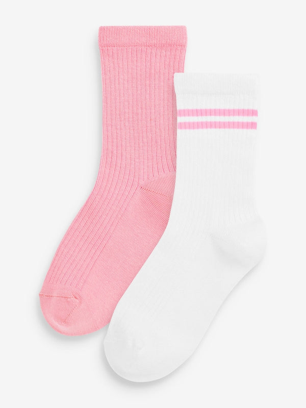 Pink and White 2 Pack Cotton Rich Ribbed Ankle Sport Socks immediate