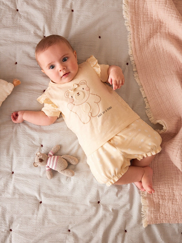 Cream Bear Baby 100% Cotton Top and Shorts 2 Piece Set immediate