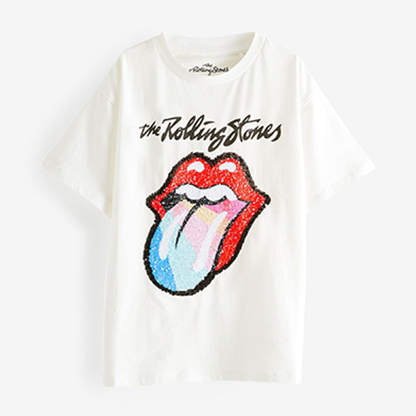 Ecru White Rainbow Sequin Rolling Stones T-shirt immediate