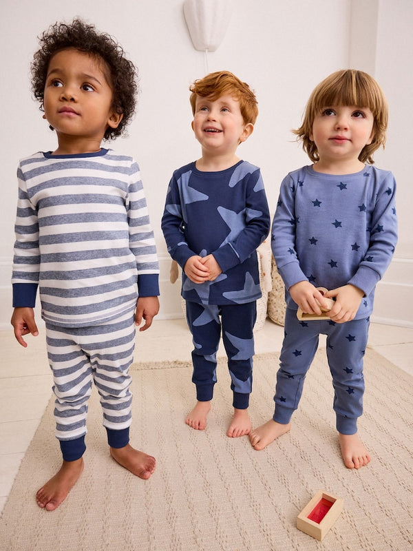 Blue/White Stars 3 Pack Snuggle 100% Cotton Pyjamas Immidiate