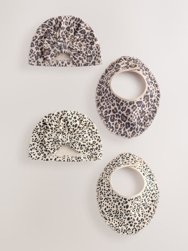 Animal Print Baby Turbans and Dribble Bibs 4 Piece Set immediate
