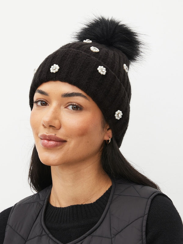 Black Embellished Pearl Pom Hat immediate