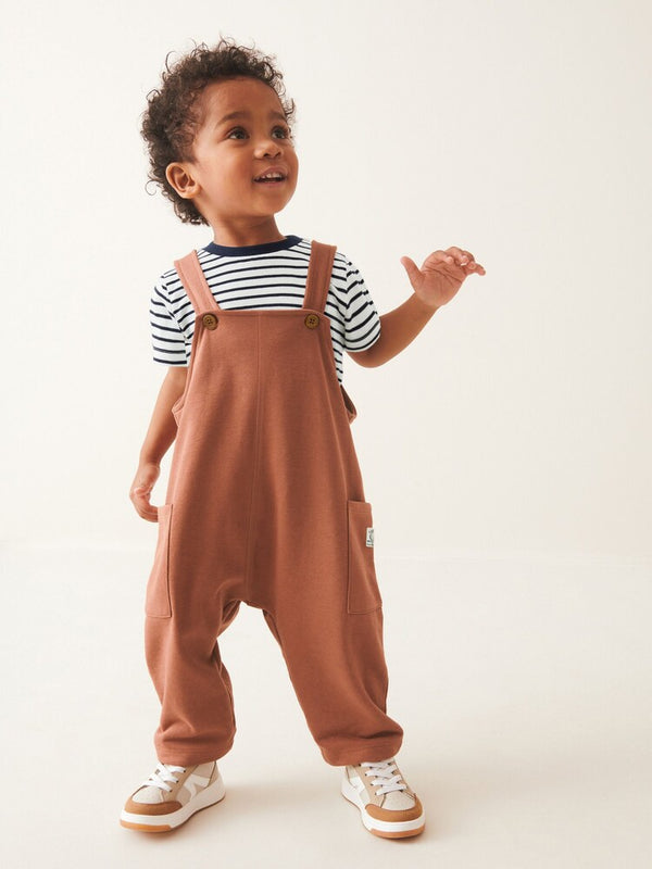 Tan Brown Long Leg Jersey Dungarees And T-Shirt Set immediate