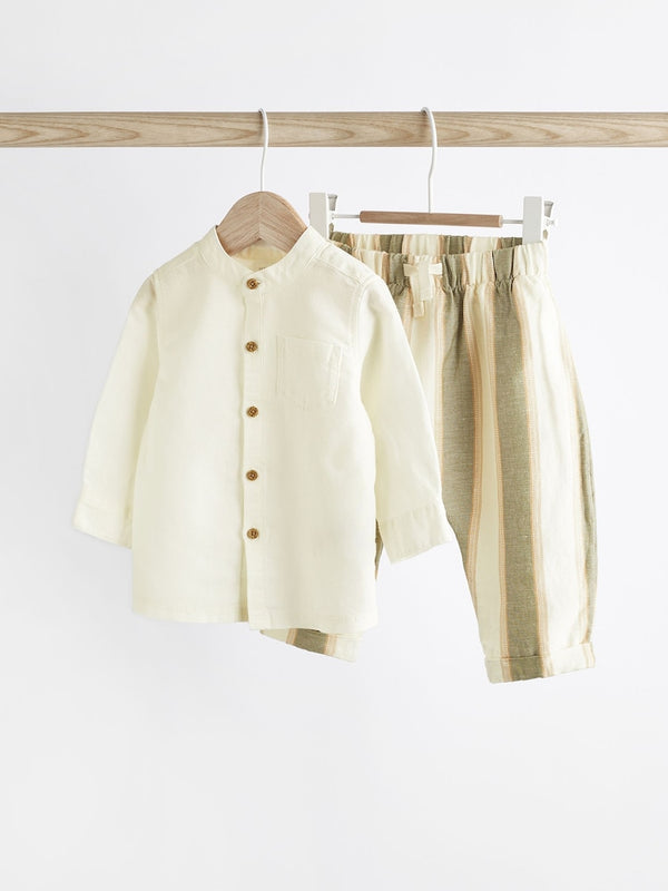 White/Green Baby Woven Shirt and Trousers 2 Piece Set With Linen immediate