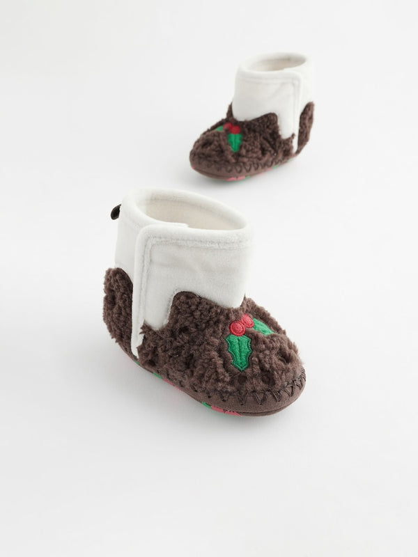Brown Christmas Pudding Baby Slipper Boots immediate