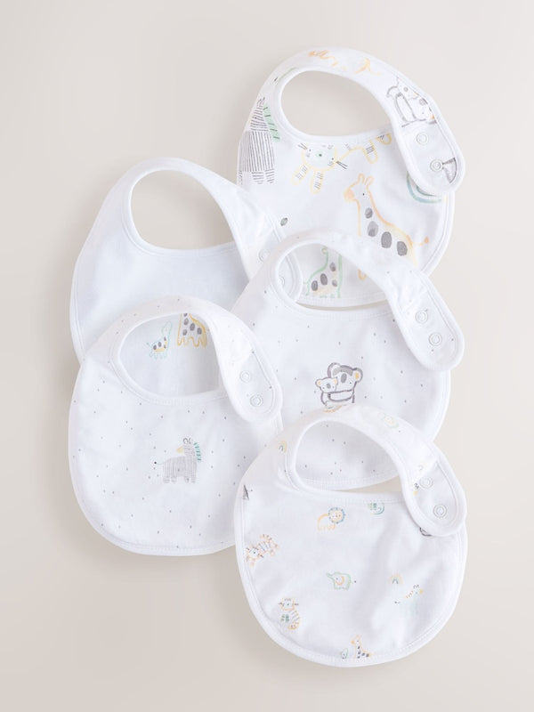White Animal Print Baby Bibs 5 Pack immediate