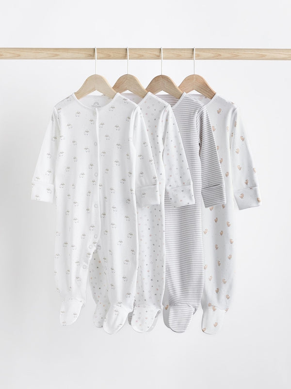 White 4 Pack Baby Delicate Animal Printed 100% Cotton Sleepsuits (immediate