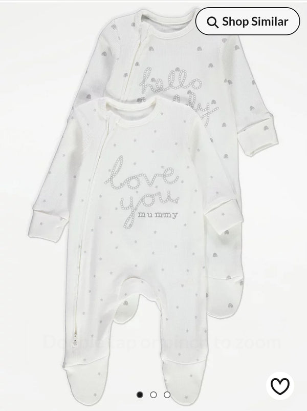 George White Mummy Daddy 2 Way Zip Fasten Sleepsuits 2 Pack (immediate)