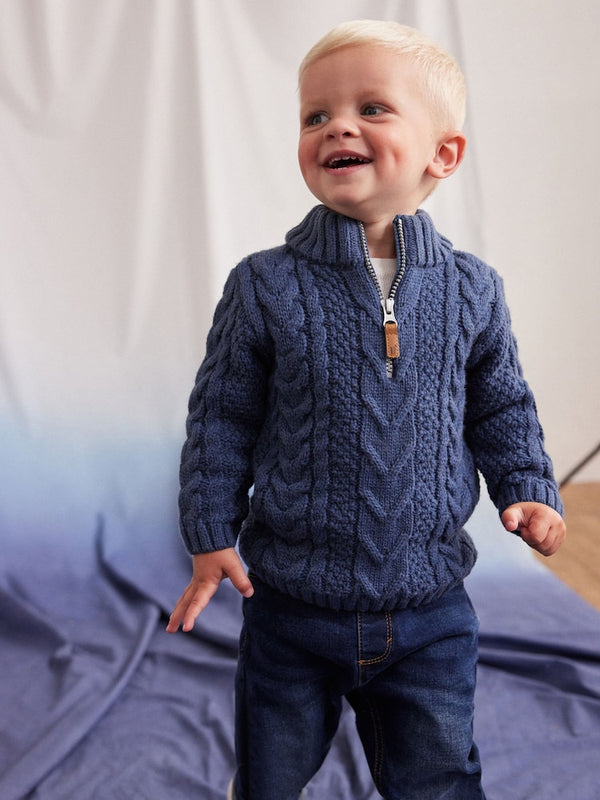 Blue Zip Neck Chunky Cable Jumper immediate