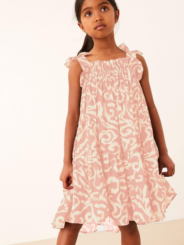 Pink Swirl Print Tie Shoulder Printed Summer Dress immediate