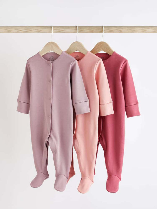 Pink 3 Pack 100% Cotton Baby Sleepsuits immediate