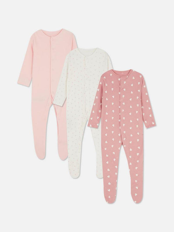 Primark 3pk Heart Graphic Popper Sleepsuits
