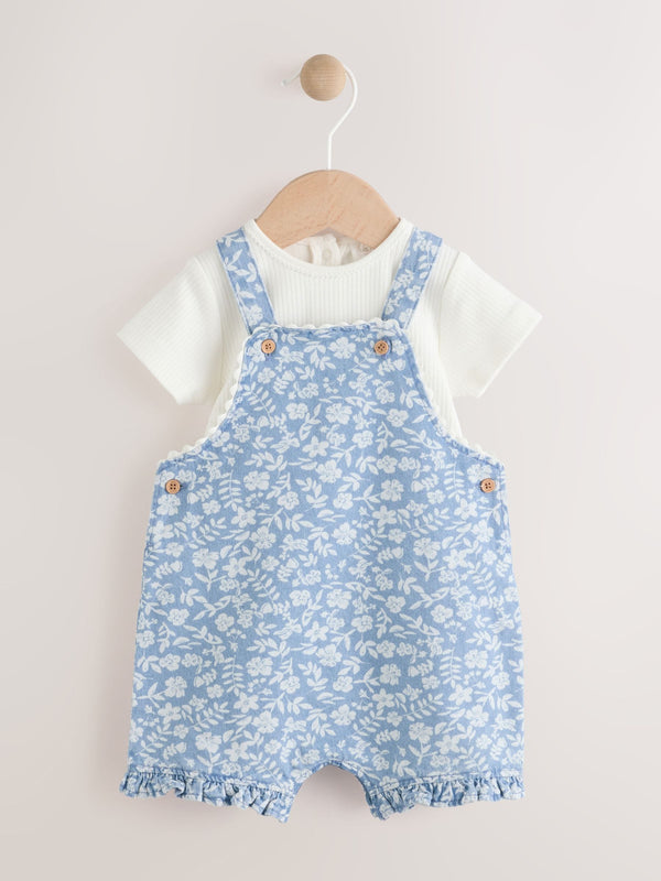 Denim Floral and Ecru Baby Short Sleeve Bodysuit and Dungarees Set (immediate)