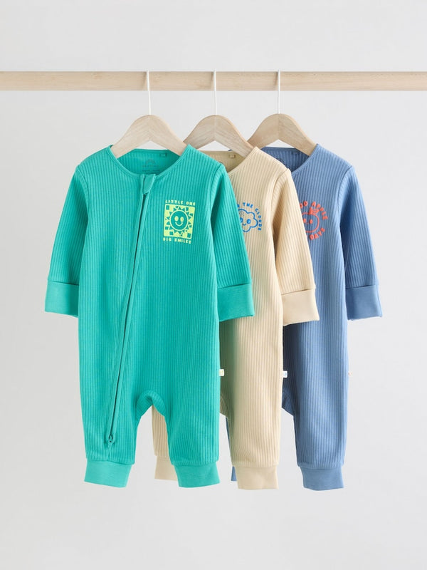 Blue Baby Two Way Zip Footless 100% Cotton Sleepsuits 3 Pack(immediate