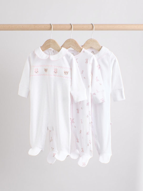 White Baby Collar 100% Cotton Sleepsuits 3 Pack (immediate