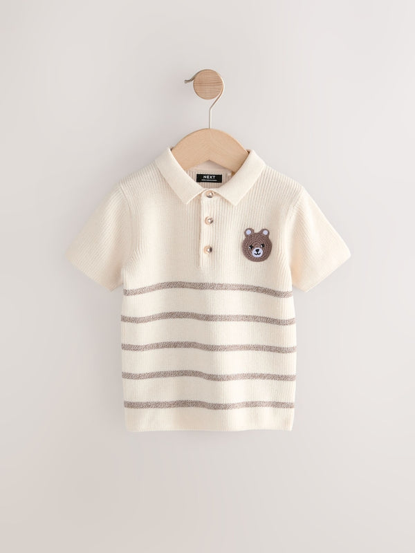 Neutral Bear Button Neck Knitted 100% Cotton Polo Shirt (immediate
