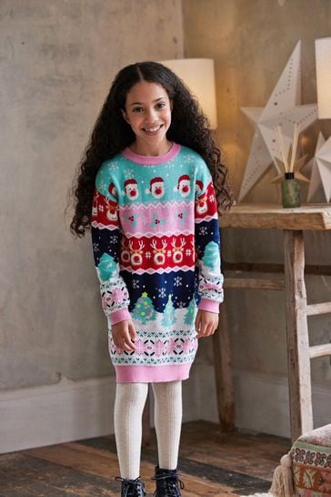 Aqua Blue/Pink Matching Family Kids Knitted Christmas Jumper Dress immediate