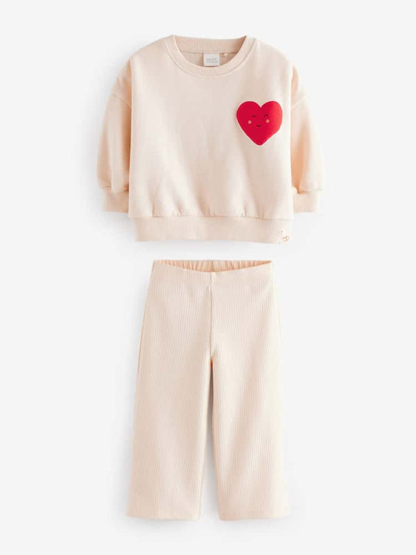 Cream Heart Sweatshirt and Wide Leg Trousers Set(immediate)