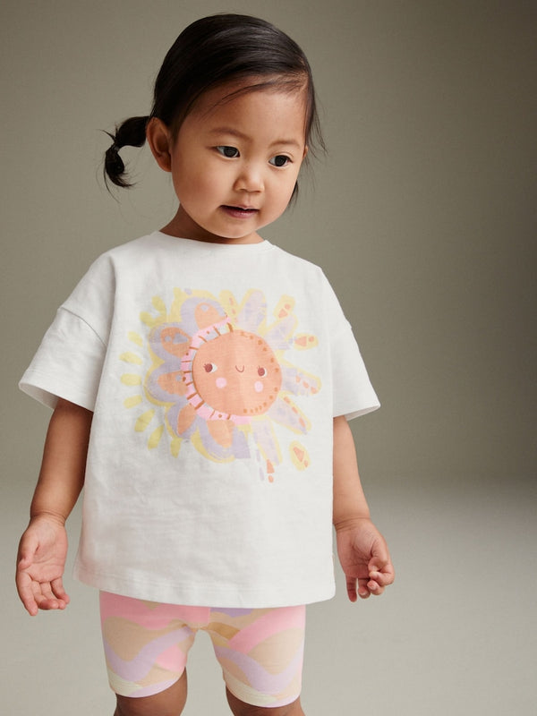 Pink/White Rainbow Sun Short Sleeve Top and Cycle Shorts Set immediate