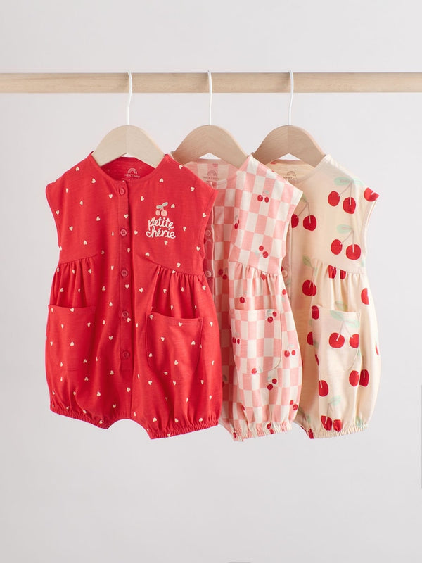 Red and Ecru Cherry Baby Rompers 3 Pack (immediate