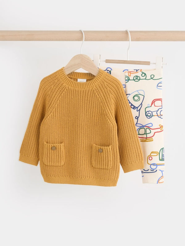Ochre Yellow Transport Baby Knitted Top and Leggings Set(immediate)