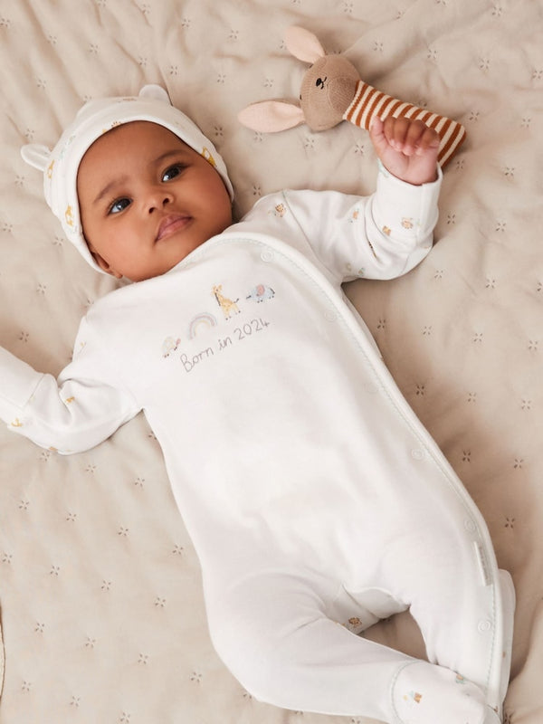 White Born in 2024 100% Cotton Baby Sleepsuit immediate