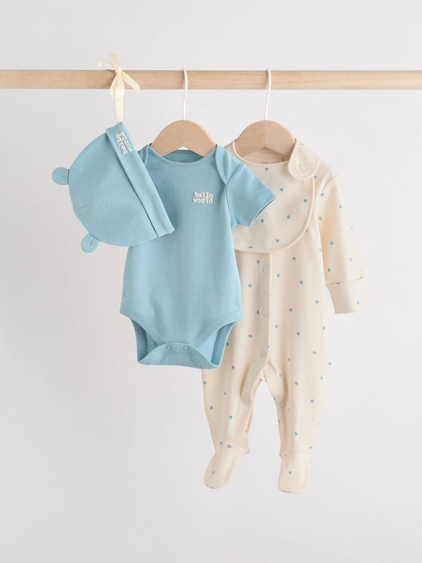 Blue Baby Sleepsuit, Bodysuit, Beanie and Bib Set 4 Piece (immediate)