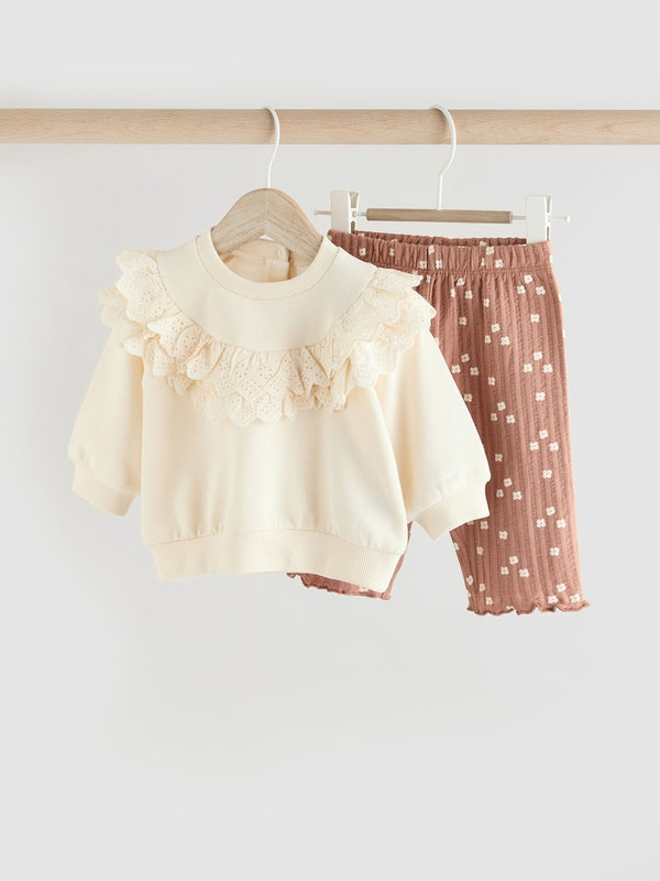 Cream/ Tan Flower Print 2 Piece Baby Sweat Top & Trouser Set(immediate