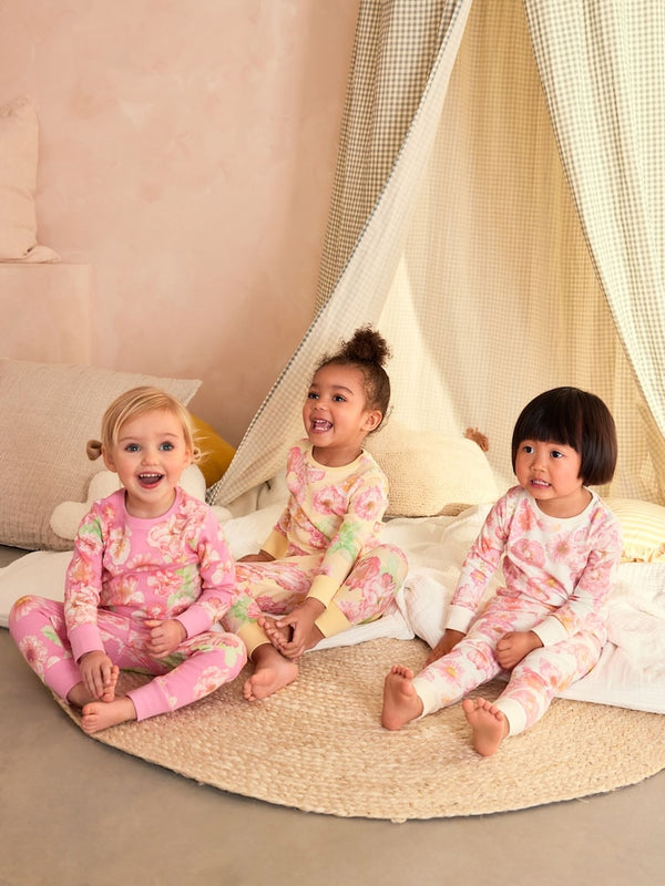 Pink/Yellow 100% Cotton Floral Snuggle Pyjamas 3 Pack immediate